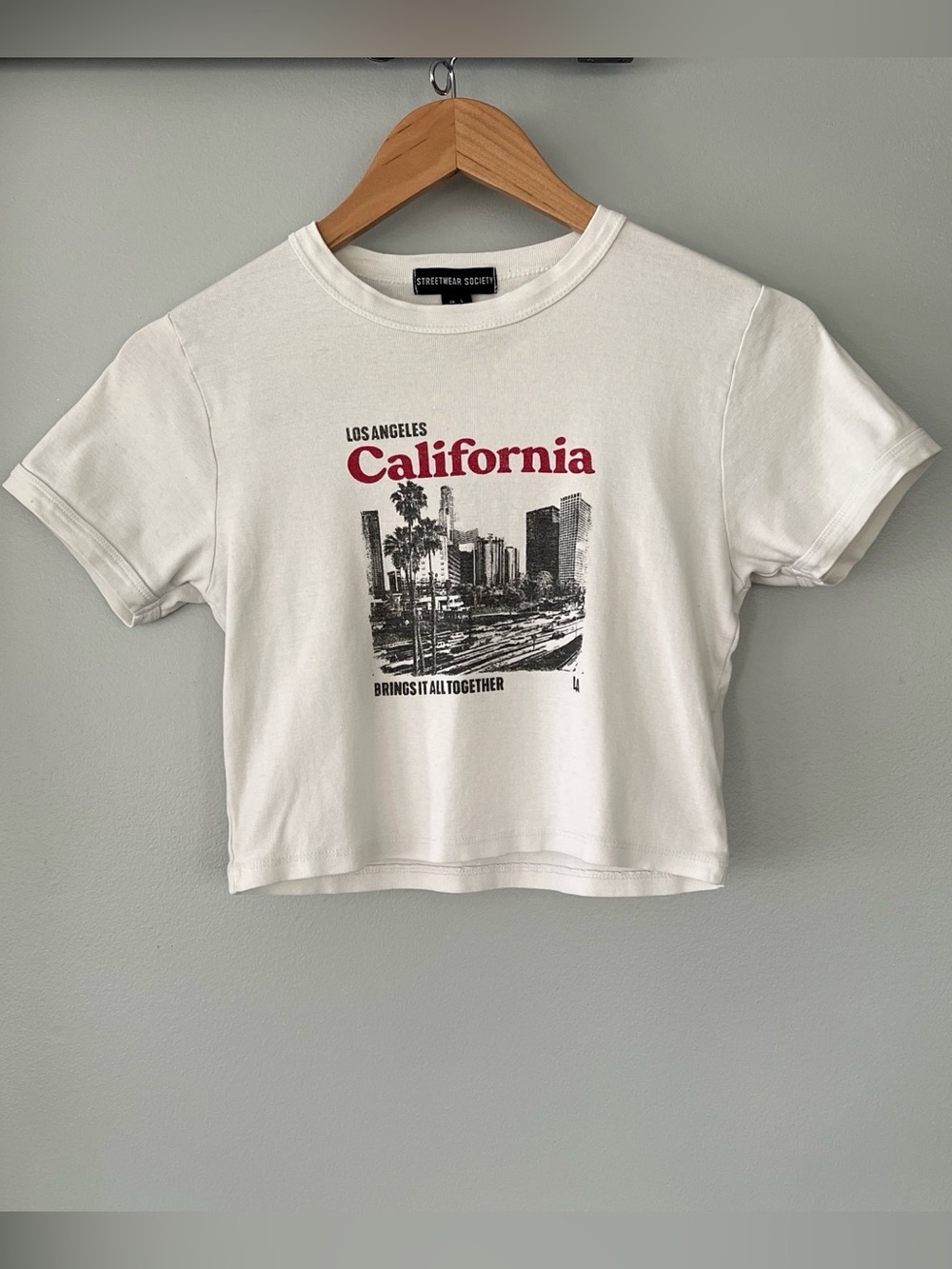 Streetwear Society White Crop Tee with Los Angeles California Skyline Graphic